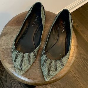 Vintage Elizabeth & James Teal Snakeskin Zipper Pointed Toe Flat